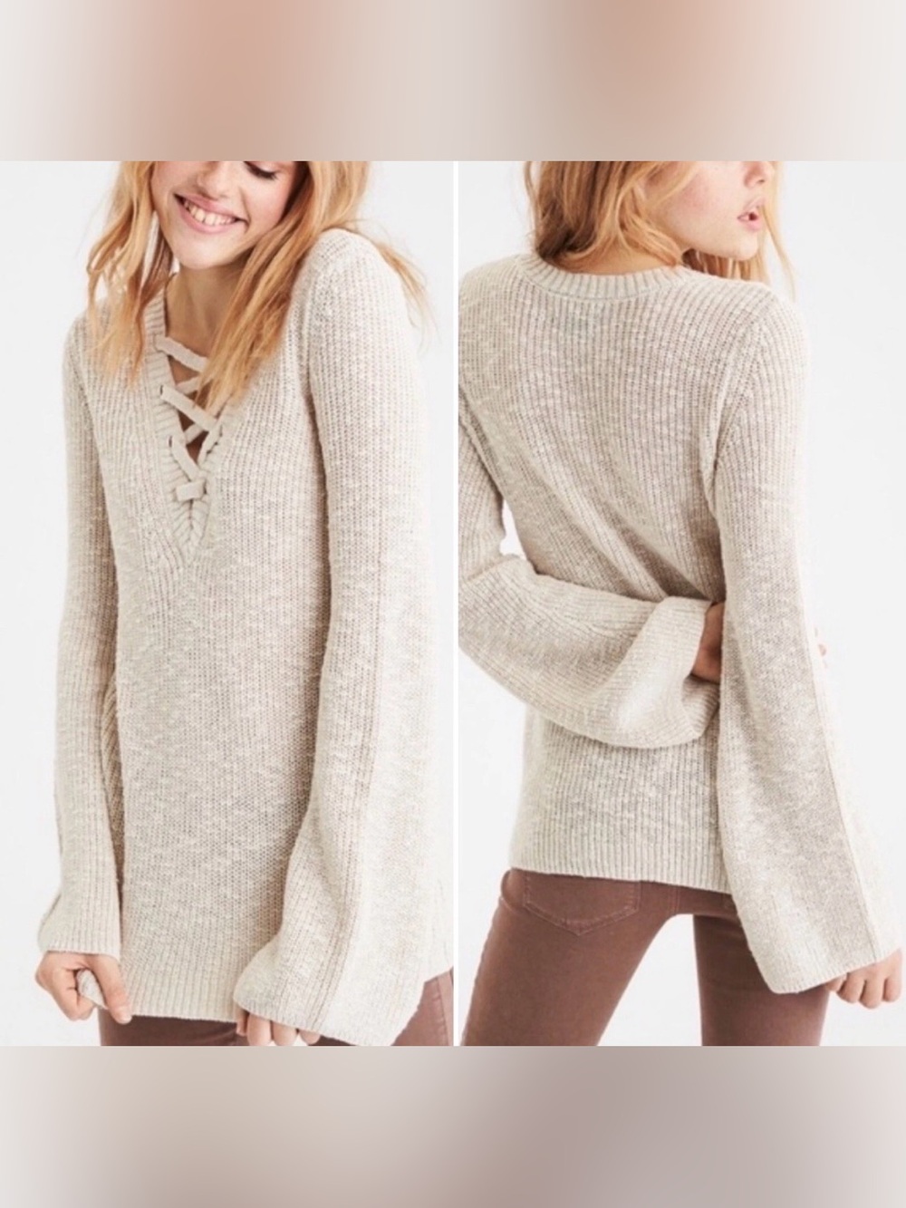 #445-American Eagle Outfitters Grey Knit Bell Sleeve Cozy Sweater Top Sz.Sm